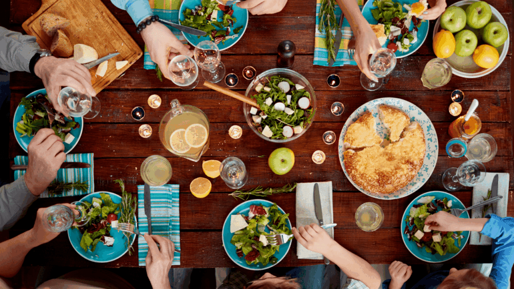 overhead shot of nutritious family style meal