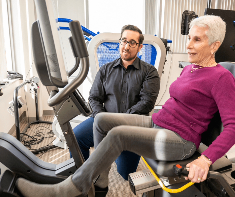 Ryan Glatt, MS, CPT and a client in the FitBrain gym at Pacific Neuroscience Institute