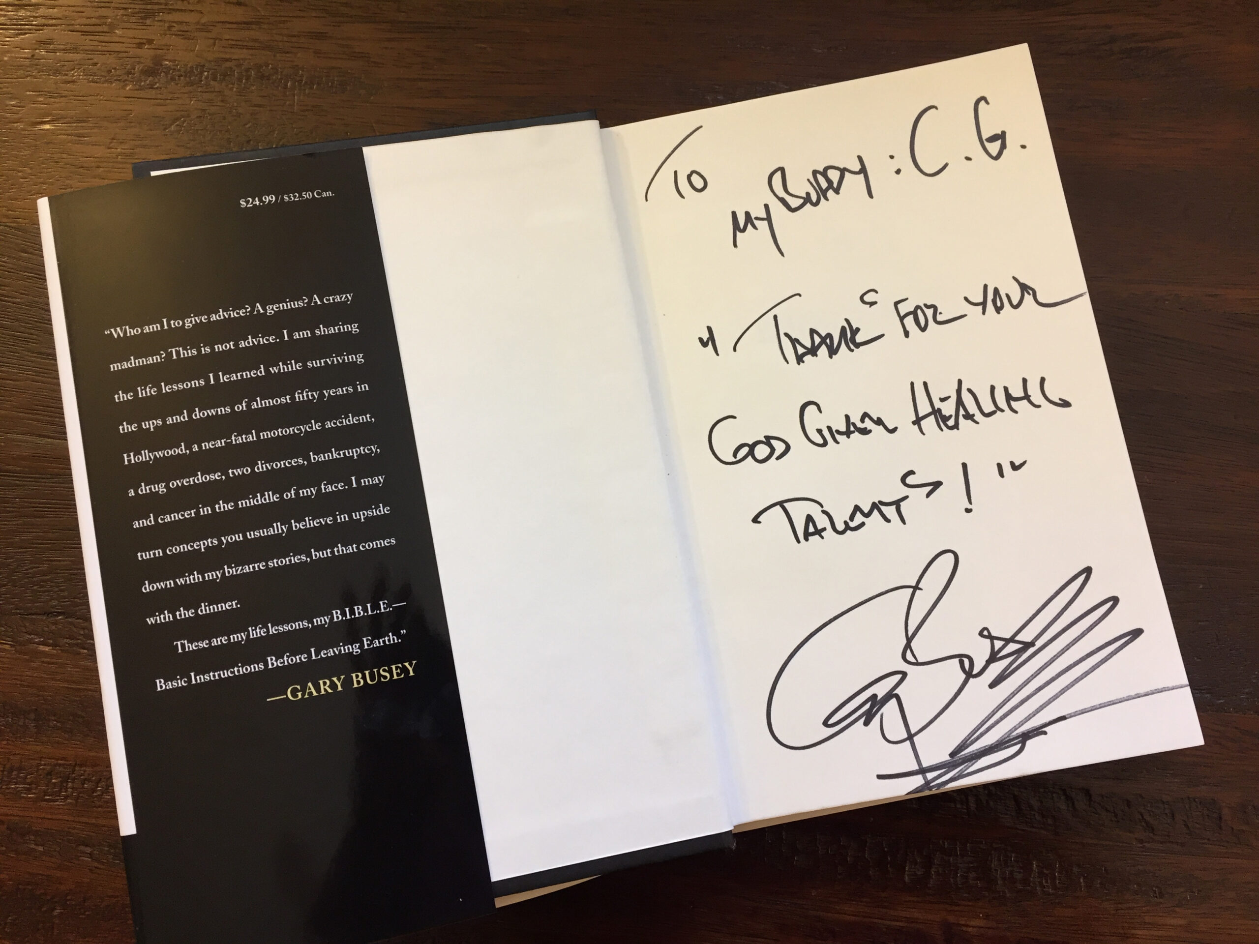 Gary Busey Signed book to Chester Griffiths MD