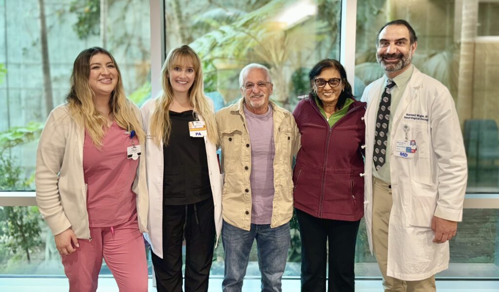 James and Lynette with their PNI neuro-oncology team (from left to right): Jazmin Ledesma, Clinical Research Coordinator; Emmaline Mauritson PA-C; James, patient; Lynette, wife; and Dr. Naveed Wagle.