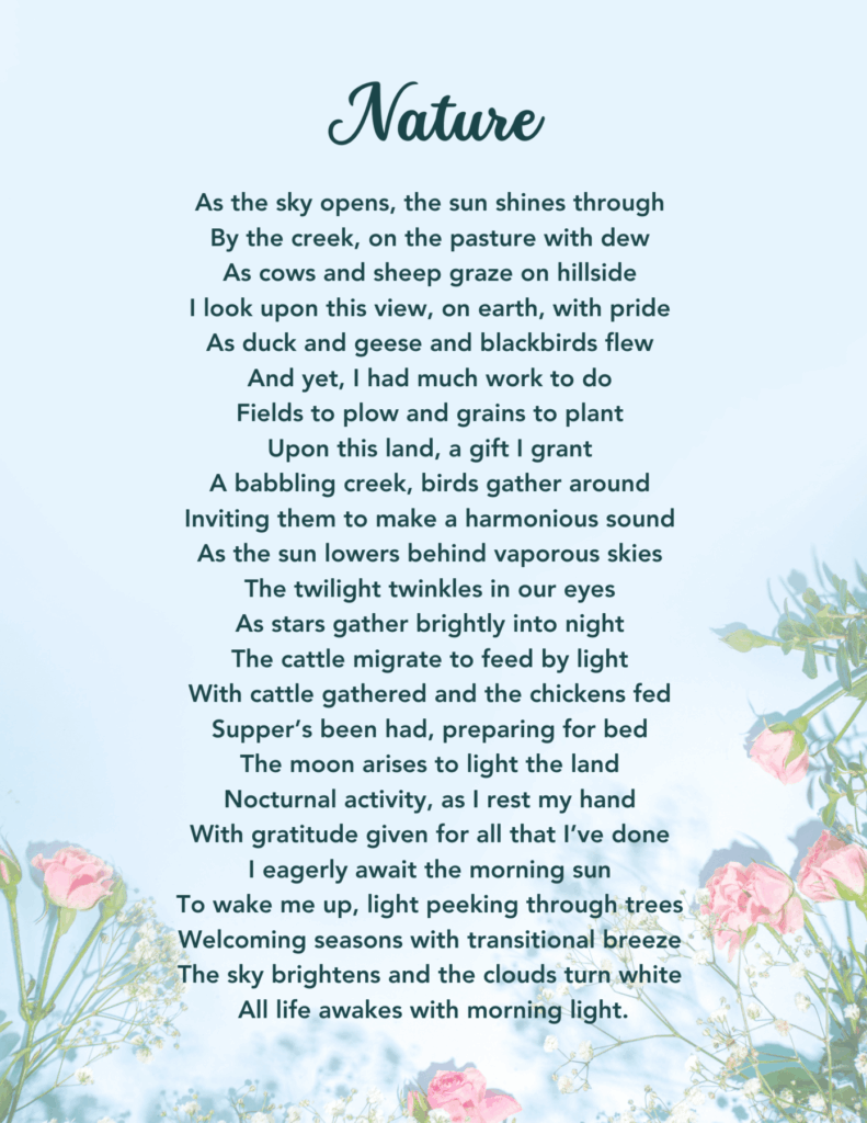 A poem about nature from Memory Care clients in the Lifestyle Program at Pacific Neuroscience Institute.