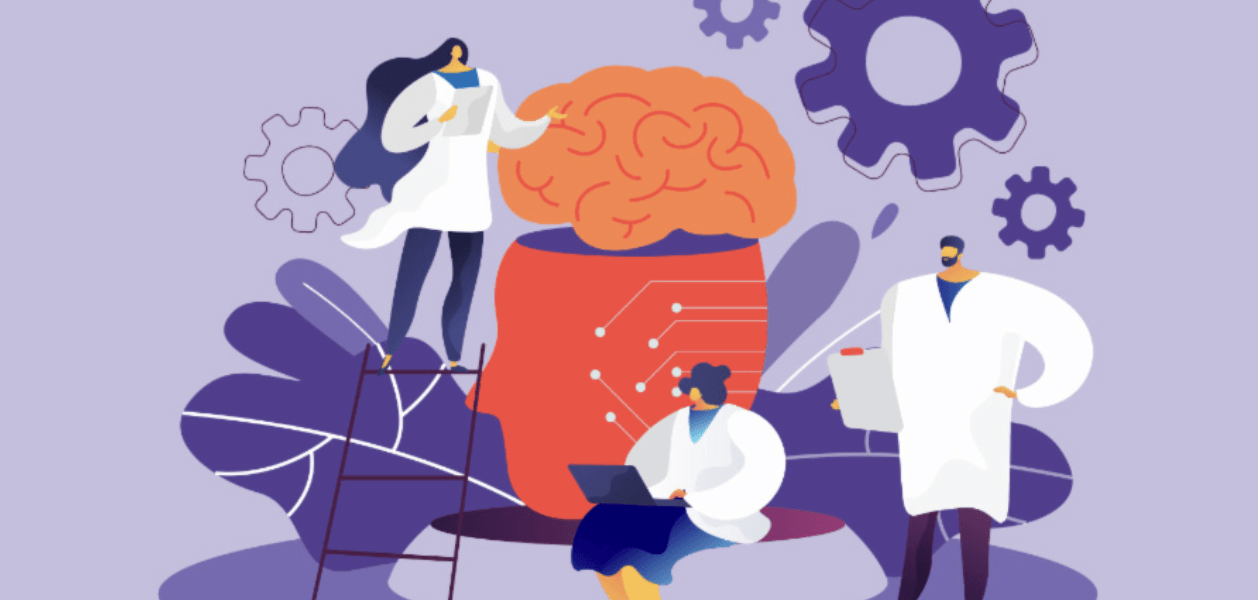 Three Cartoon Doctors Working on a Giant Brain in Front of Purple Gears