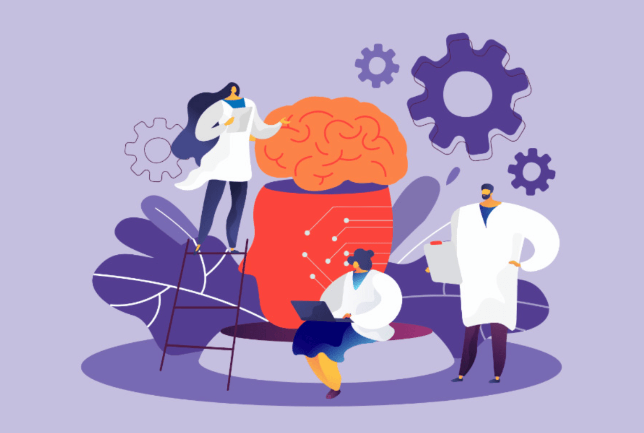 Three Cartoon Doctors Working on a Giant Brain in Front of Purple Gears
