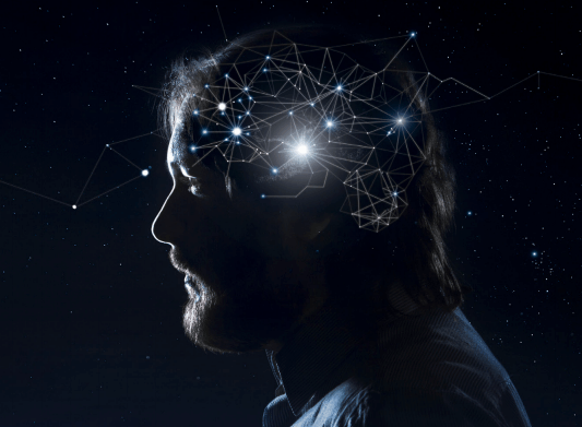 rendering of a man with star formations over his head