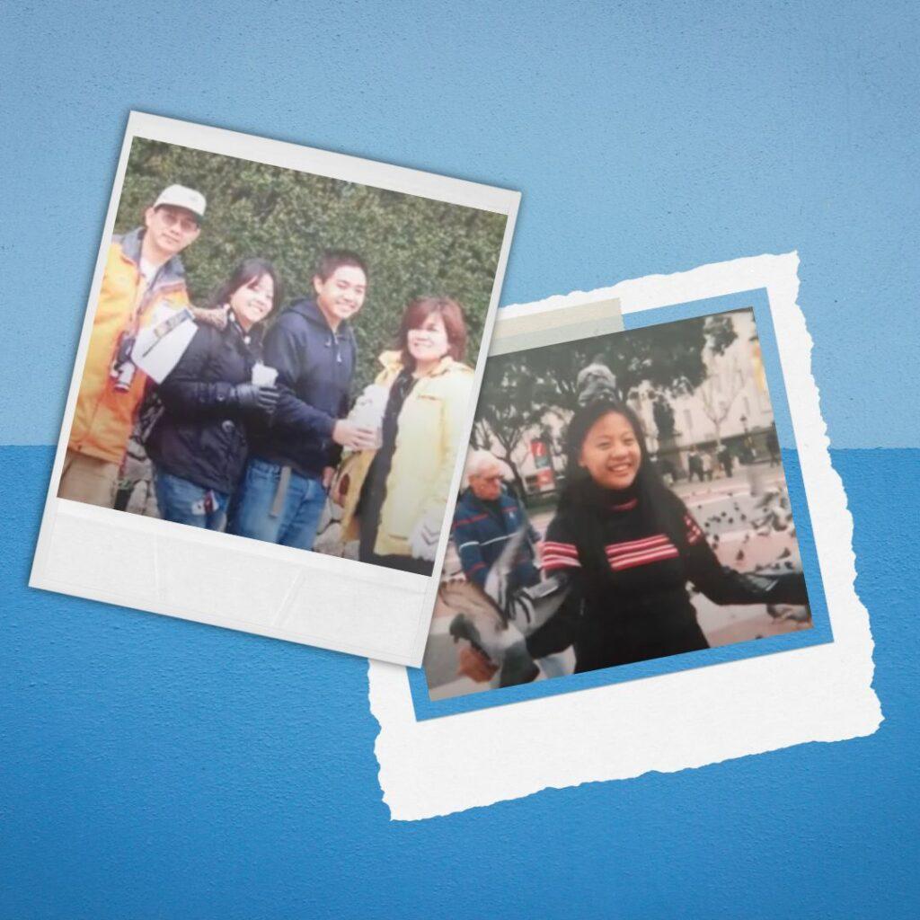 Two pictures side by side of Jill before contracting autoimmune disease. One picture of Jill alone and one picture of Jill and her family.