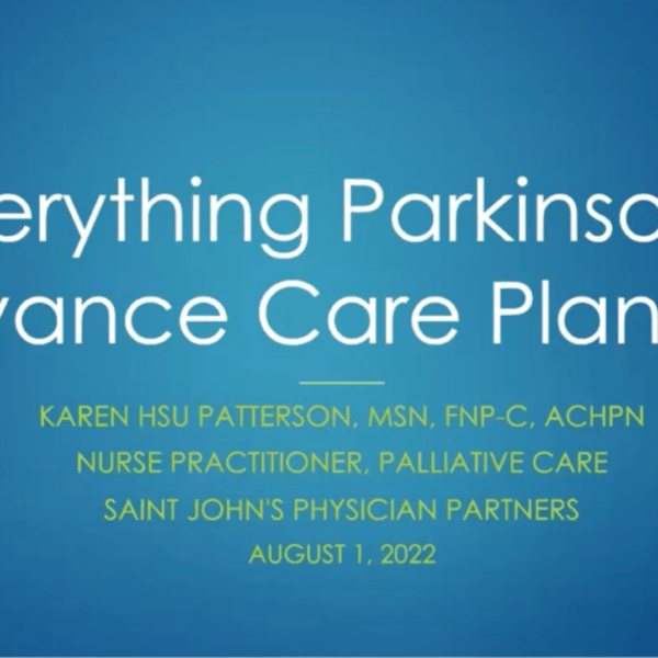 Karen Hsu Patterson, Advance Certified Hospice and Palliative Care Nurse with Saint John's Physician Partners, discusses planning for the future with Parkinson's disease, including palliative care and advance care planning (ACP). Palliative care is specialized medical care focusing on relief from distressing symptoms or the stress that often comes with serious, progressive, and life-limiting illnesses. Advance care planning, or ACP, is planning for the future to ensure that your medical team has an understanding of your health care preferences. By considering your options early, you can ensure the quality of life that is important to you. PNI's Movement Disorders Center is here for you and your care partners throughout your journey.