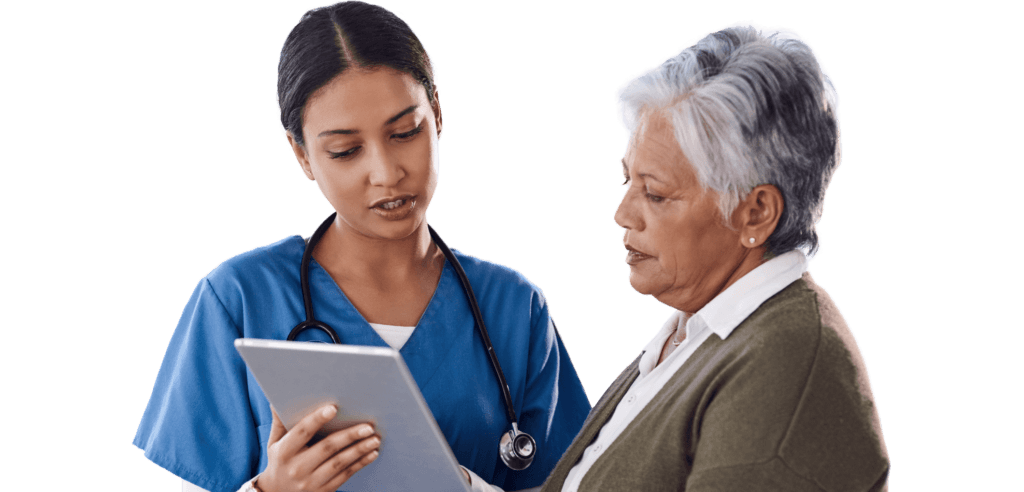 nurse showing her patient information on a tablet